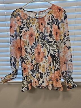 Maurices Peach Floral Smocked-Waist Long Sleeve Blouse